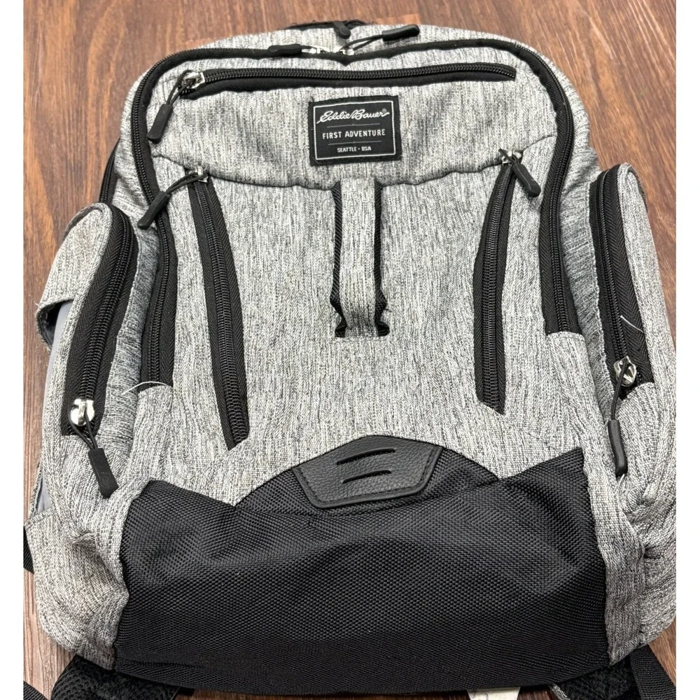 Eddie Bauer‎ Gray Rainier Back Pack Diaper-Bag Center Handle-Stroller Loops